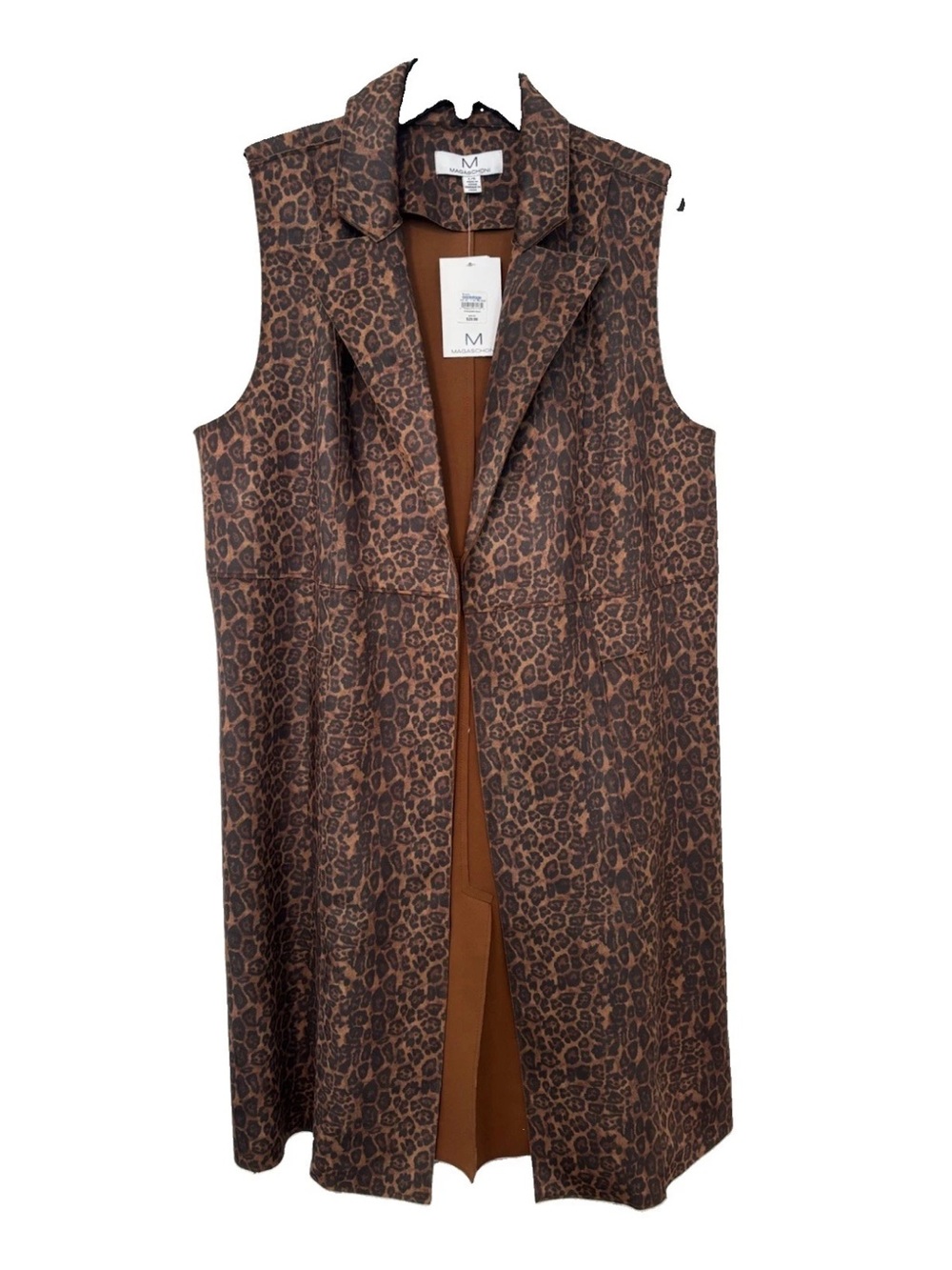 Magaschoni Leopard Print Animal Sleeveless Long Vest Jacket - Brown Faux Leather